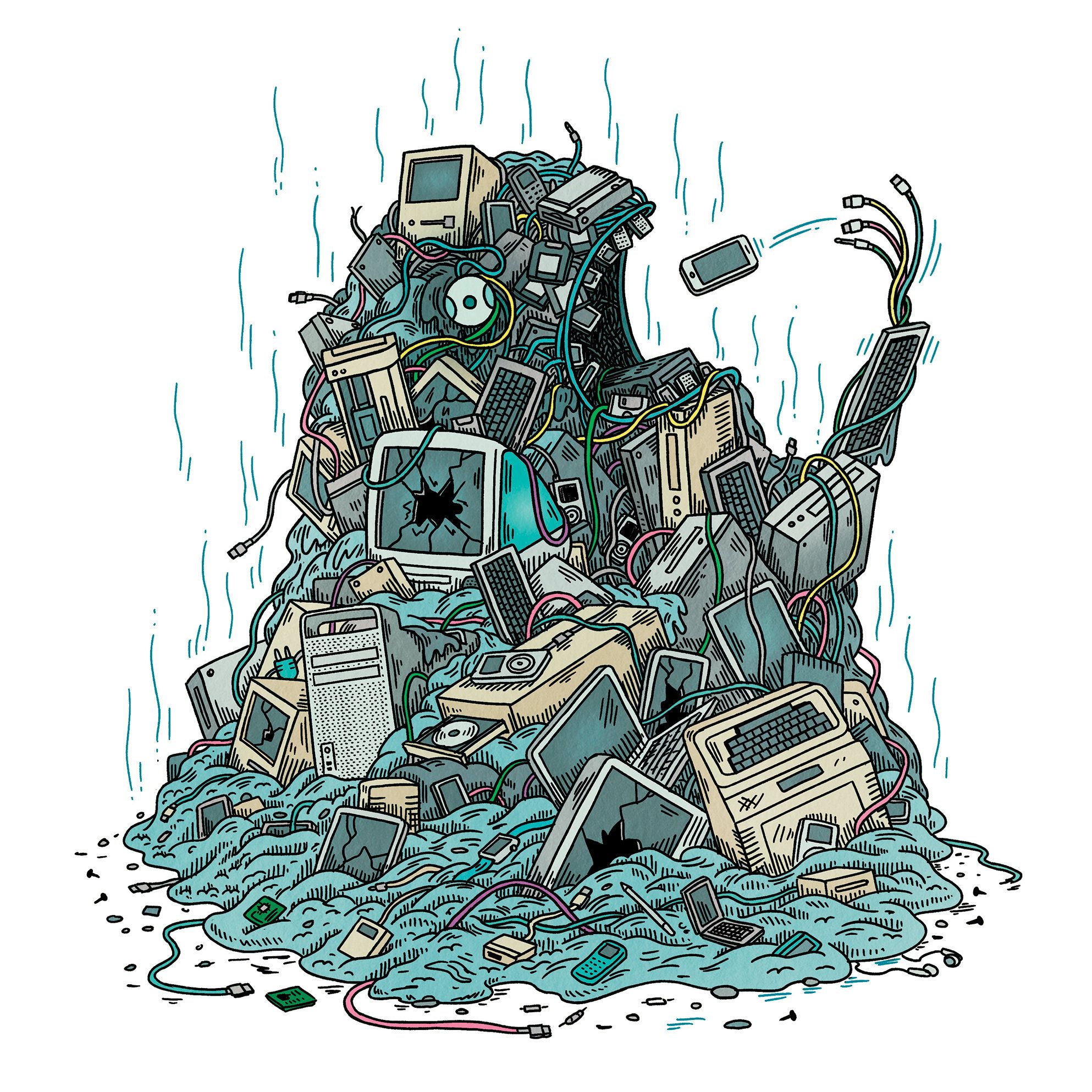E-waste monster eating a cell phone